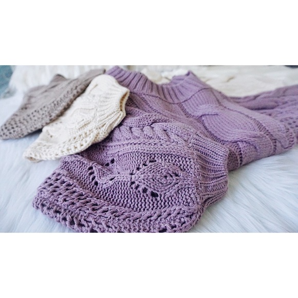 Purple Sweater, Cable Knit Sweater Puff Sleeve - Picture 7 of 8